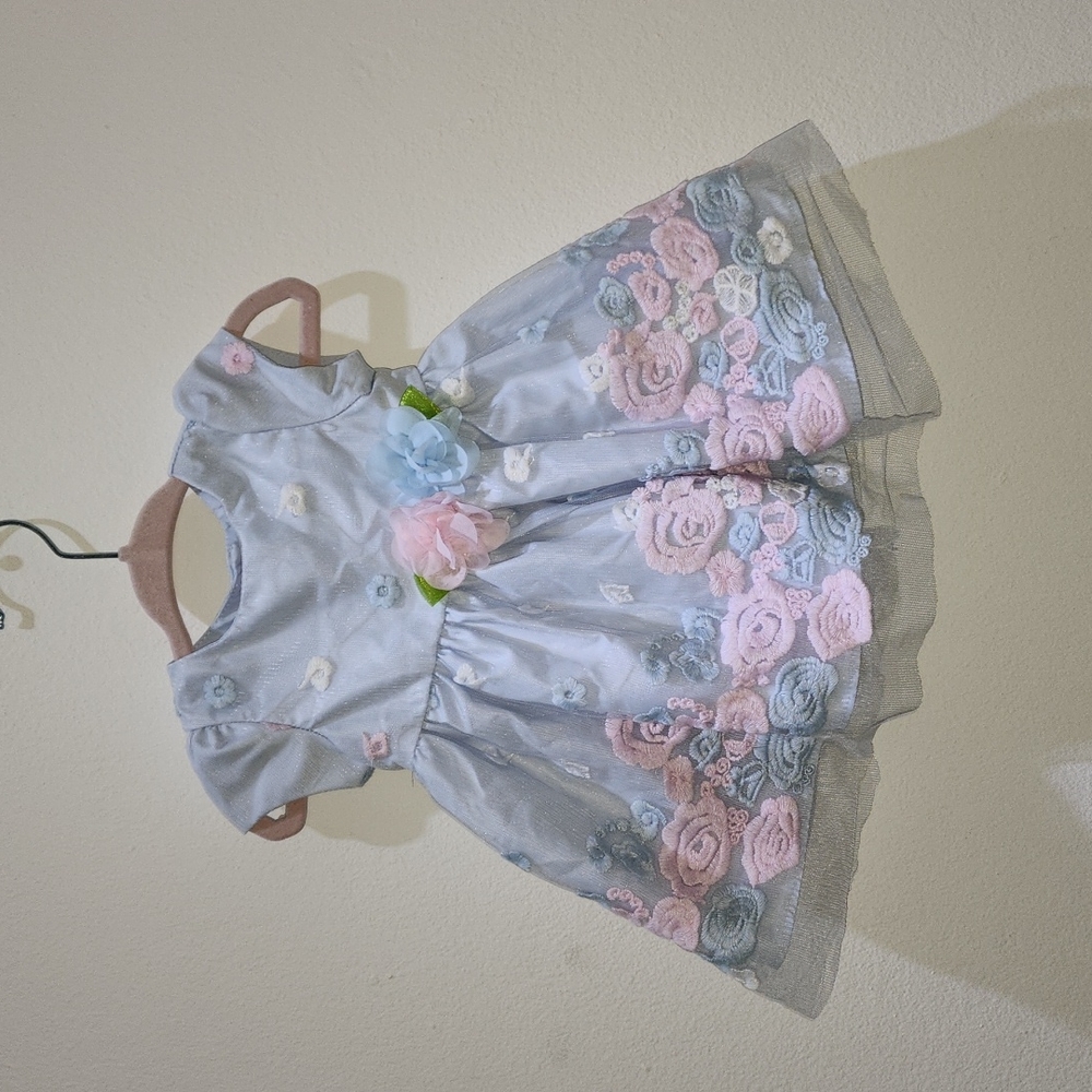 Mia & Mimi Blue Floral Border Cap Sleeve Dress - Pink NB